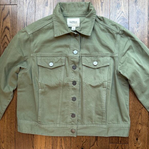UpWest Women’s Green Denim Jacket Size Large Button Front Cotton Utility Casual - Picture 2 of 14